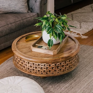 Wood carved coffee table wood center table Round mango wood coffee table