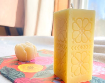 Floral Square Pillar Beeswax Candle - 100% Pure Local Beeswax - Mothers Day - Spring Candle - Gift for Her