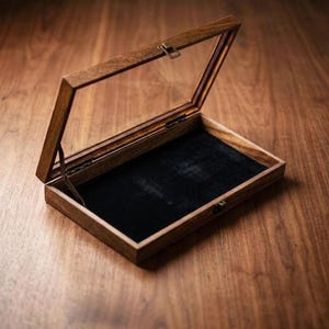 May include: A rectangular wooden display box with a hinged glass lid and a metal latch. The interior of the box is lined with a solid black velvet fabric. The wooden frame features a natural brown grain pattern and a smooth, polished finish.