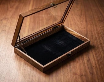 Handcrafted Wood Display Case Glass Lid Black Velvet Lining Large Shadow Box Jewelry Medals and Collectibles Elegant Showcase Brass Hardware
