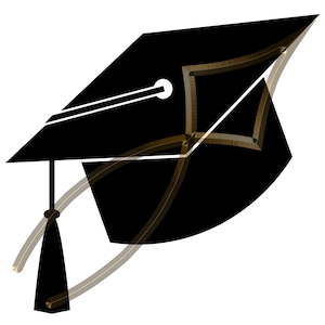 May include: Black graduation cap with a gold tassel. The cap is tilted to the side and the tassel is flowing in the air.