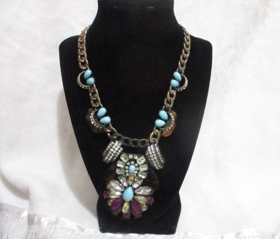 Vintage Statement Necklace w Rhinestone & Turqoui… - image 1