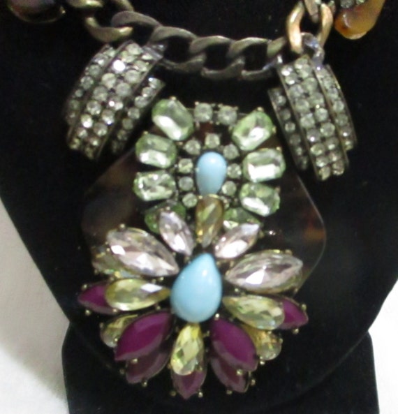 Vintage Statement Necklace w Rhinestone & Turqoui… - image 3