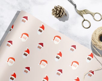 Multi Skin Tone: Black/Brown/Light Santa Luxury Christmas Wrapping Paper - Inclusive Gift Wrap Sheets on Cream Background