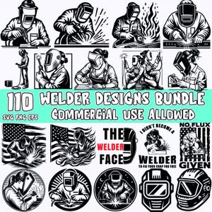 Puede incluir: Una colección de diseños de soldadores en blanco y negro. La imagen incluye ilustraciones de soldadores en el trabajo, cascos de soldadura y texto que dice "110 Welder Designs Bundle" y "Commercial Use Allowed."