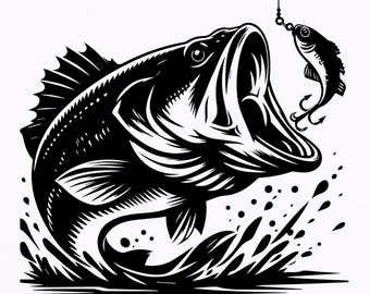 Angeln svg - Forellenbarsch aus dem Wasser springen Fischer svg Silhouette herunterladbare Datei digital