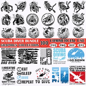 100 Scuba Diving SVG Bundle for Divers, Underwater Clipart Files, Ocean Marine Life Silhouettes, Commercial Use Diving Designs