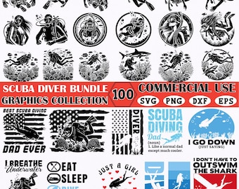 100 Scuba Diving SVG Bundle for Divers, Underwater Clipart Files, Ocean Marine Life Silhouettes, Commercial Use Diving Designs