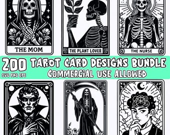 Roligt tarotkortspaket - gotisk skalle SVG PNG EPS-samling, vintage tarotskelettkonst, mörk estetisk clipart, kommersiell användning tillåten