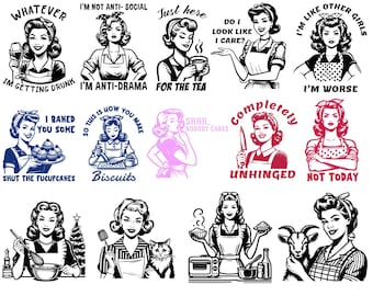 Retro huisvrouw SVG-bundel - grappige vintage huisvrouw clipart, Sassy Quotes, digitale download voor Cricut en Silhouette Cut-bestanden