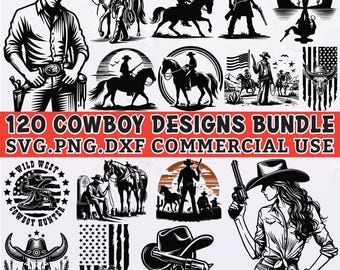 120 Cowboy SVG Bundle Western Clipart PNG DXF Files Wild West Rodeo Silhouette Country Cowboy Cricut Cut Files Digital Download