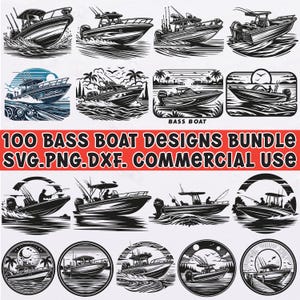Puede incluir: Un paquete de 100 diseños de barcos de bajo en blanco y negro. Los diseños presentan varios estilos de barcos de bajo, incluyendo algunos con personas pescando en ellos. El texto "100 BASS BOAT DESIGNS BUNDLE SVG.PNG.DXF. COMMERCIAL USE" está en la parte superior de la imagen.