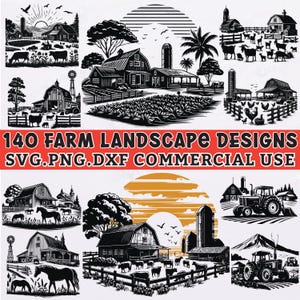 140 Farm Landscape Svg Png Eps , Rustic Farmhouse Clipart, Barn Tractor Animal Silhouette, Country Farm Scene Cut Files, CNC Laser Engraving