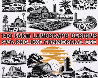 Puede incluir: Una colección de 140 diseños de paisajes de granjas en blanco y negro. Los diseños presentan casas de campo, graneros, silos, tractores, animales y otros elementos de granjas. Los diseños son perfectos para crear artesanías personalizadas, decoración del hogar y mucho más. SVG.PNG.DXF Uso comercial