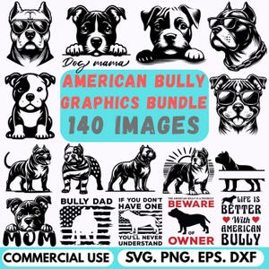 May include: A collection of black and white American Bully graphics. The images include various dog illustrations, text that says "Dog mama", "Bully Dad", "Beware of Owner", and "Life is better with American Bully". The bundle includes 140 images for commercial use.
