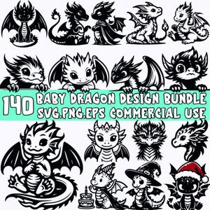 Baby Drache SVG Bundle | Süsser Drache Clipart für Cricut | Kommerzielle Nutzung Dragon PNG, EPS-Dateien | Fantasie-Baby-Drache-Digital-Designs