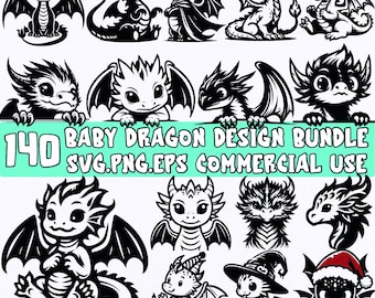May include: A set of 140 black and white baby dragon illustrations. The illustrations are in a variety of poses and expressions. The text "140 Baby Dragon Design Bundle SVG.PNG.EPS Commercial Use" is at the bottom of the image.