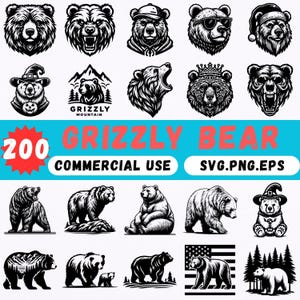 May include: A collection of 200 black and white grizzly bear illustrations in various poses and styles. The image includes text that reads "GRIZZLY BEAR", "COMMERCIAL USE", and "SVG.PNG.EPS".
