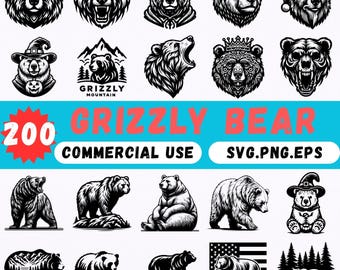 200 Grizzly Bear SVG Bundle, Wild Animal Bear Clipart, Vintage Bear Head  Wildlife Camping Silhouette, Outdoor Forest Logo Vector Design