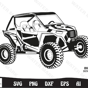 Peut inclure: Illustration en noir et blanc d'un véhicule tout-terrain à quatre roues vu de côté. Le véhicule est doté d'une cage de sécurité et de deux sièges.