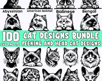 Cat Designs Bundle Svg Png Eps, Peeking and Head Cat Illustrations, for Cricut, Laser Engraving, Cat Lover Gift, Instant Download