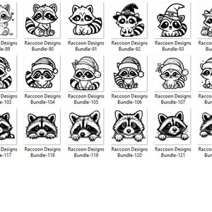 May include: A collection of black and white raccoon designs, each with unique poses and expressions. Some raccoons wear hats, while others have festive accessories. The text "Raccoon Designs" and "Bundle" are included.