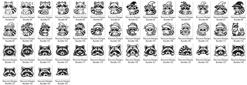 May include: A collection of black and white raccoon designs, each with unique poses and expressions. Some raccoons wear hats, while others have festive accessories. The text "Raccoon Designs" and "Bundle" are included.
