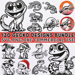 Puede incluir: Una colección de 130 diseños de gecko en blanco y negro, con varias ilustraciones de gecko. Algunos geckos llevan sombreros y otros están posados en ramas. Se muestra el texto "130 GECKO DESIGNS BUNDLE SVG.PNG.DXF COMMERCIAL USE".