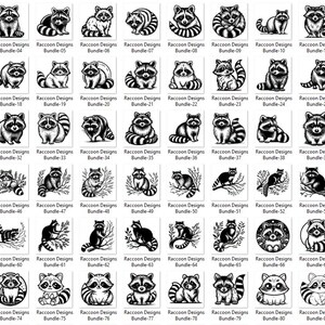 May include: Collection of raccoon designs in black and white. Each design is labeled with "Raccoon Designs Bundle" and a number. The illustrations depict raccoons in various poses and styles, suitable for graphic design projects.