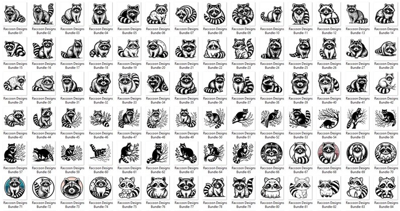 May include: Collection of raccoon designs in black and white. Each design is labeled with "Raccoon Designs Bundle" and a number. The illustrations depict raccoons in various poses and styles, suitable for graphic design projects.