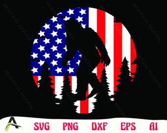 Puede incluir: Una silueta de Bigfoot de pie frente a una bandera estadounidense roja, blanca y azul. La bandera tiene la forma de un círculo.