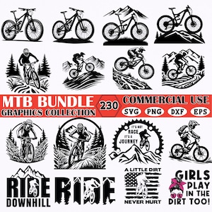 May include: A collection of black and white mountain biking graphics. The image includes various illustrations of mountain bikes, riders, and mountain scenery. Text includes "MTB Bundle Graphics Collection", "Commercial Use", and phrases like "Ride Downhill" and "Girls Play in the Dirt Too!"