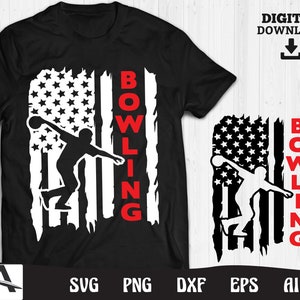 May include: A black t-shirt with a white distressed American flag design and the word "BOWLING" in red letters. A silhouette of a person bowling is in front of the flag.