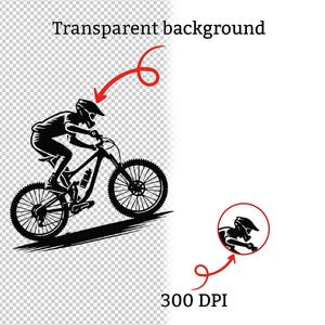 May include: Black and white illustration of a mountain biker riding a bicycle. The image includes the text "Transparent background" and "300 DPI". A red arrow points to the biker.