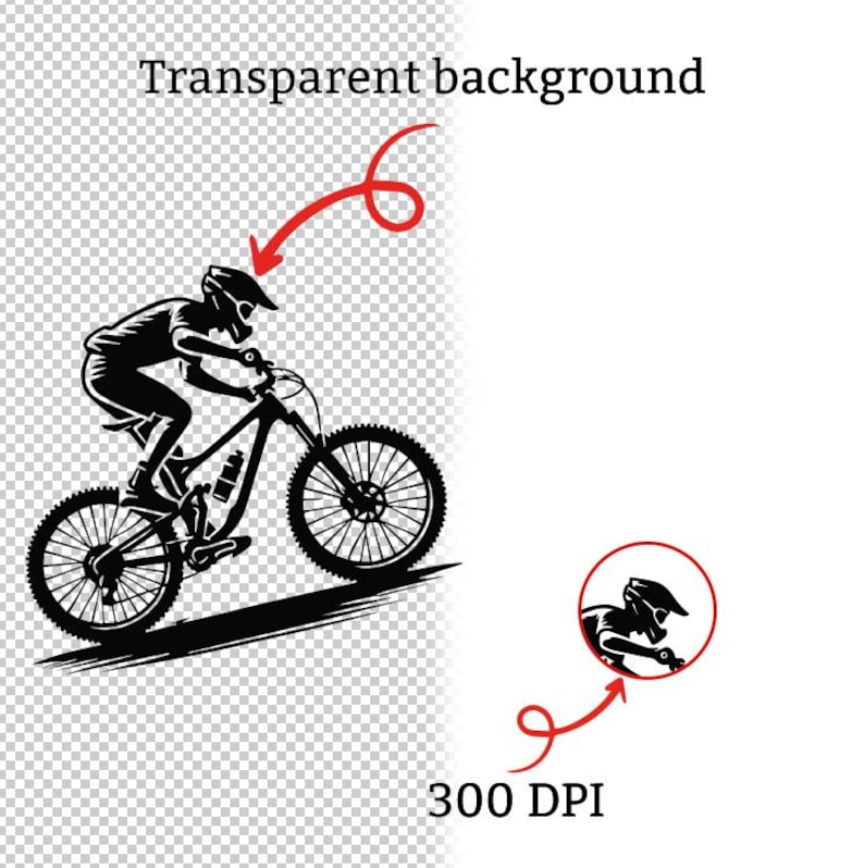 May include: Black and white illustration of a mountain biker riding a bicycle. The image includes the text "Transparent background" and "300 DPI". A red arrow points to the biker.