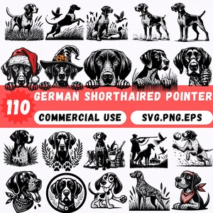 Op de afbeelding: Een verzameling van 110 zwart-wit illustraties van Duitse Staande Honden. De afbeeldingen tonen honden in verschillende poses, sommige met hoeden en sommige met jachtthema's. Tekst bevat "GERMAN SHORTHAIRED POINTER", "COMMERCIAL USE" en "SVG.PNG.EPS".