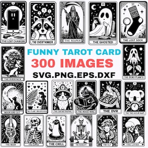 Puede incluir: Ilustraciones en blanco y negro de cartas del tarot con temas humorísticos. Las cartas presentan imágenes como un fantasma en un teléfono, un mapache y un esqueleto. El texto incluye "Funny Tarot Card" y "300 Images".