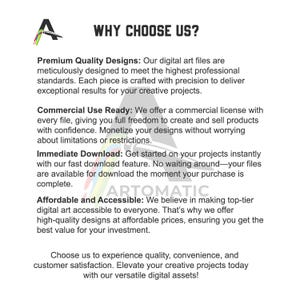 May include: White background with the text "WHY CHOOSE US?" and a list of benefits. The text highlights premium quality designs, commercial use readiness, immediate download, and affordable accessibility. The logo is a stylized letter "A" with a rainbow gradient.