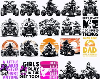 May include: A collection of 130 quad bike designs in black and white, featuring various ATV illustrations with riders, along with text graphics like "Don't Follow Me" and "Girls Play in the Dirt Too!" The designs are suitable for commercial use.