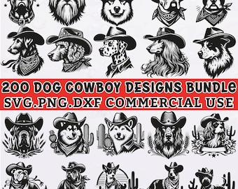 200 Dog Cowboy SVG Bundle, Western Dog Clipart, Cowboy Hat Dog PNG, Country Dog Digital Download, Farm Ranch Puppy DXF, Sublimation Cricut