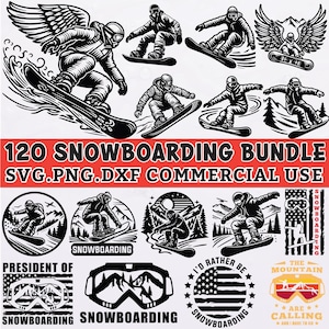 120 Snowboarding SVG Bundle, Snowboarder PNG DXF Files for Cricut, Winter Sport Clipart, Snowboard Silhouette, Digital Download