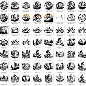 May include: A collection of black and white mountain biking themed designs. The designs include mountain bikers on trails, mountain bike illustrations, and text such as "MTB", "Ride Downhill", and "Girls Play in the Dirt Too!"