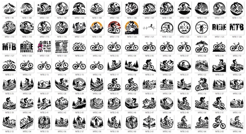 May include: A collection of black and white mountain biking themed designs. The designs include mountain bikers on trails, mountain bike illustrations, and text such as "MTB", "Ride Downhill", and "Girls Play in the Dirt Too!"