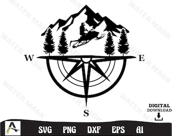 Snowmobile svg - Snowmobile Mountain Compass art cut file clipart instant  digital download