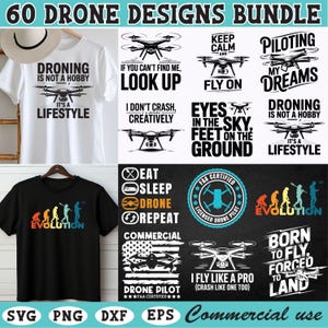 Puede incluir: Una colección de diseños con temática de drones, que incluye gráficos y logotipos para camisetas. Los diseños presentan frases como "Droning is not a hobby, it's a lifestyle" y "Born to fly, forced to land." La imagen también incluye el texto "Commercial use."