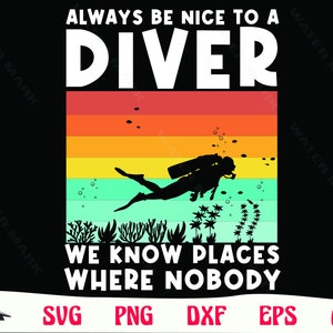 Op de afbeelding: Een zwart-wit grafisch ontwerp met een silhouet van een duiker in een retro zonsondergang kleurenschema. De tekst luidt "Wees altijd aardig tegen een duiker, we kennen plekken waar niemand is".