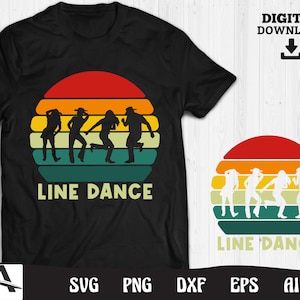 Könnte beinhalten: Ein schwarzes T-Shirt mit einer Retro-Sonnenuntergangsgrafik und Silhouetten von Menschen, die Linedance tanzen. Der Text "Line Dance" ist unter der Grafik gedruckt.