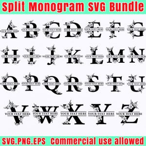 Paquete SVG de monograma floral dividido / Letras del alfabeto A-Z / Texto personalizable para Cricut y Silhouette / Uso comercial / Archivos PNG, EPS y Svg