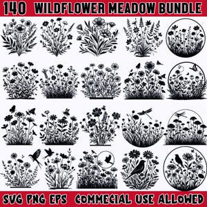 Svg prairie de fleurs sauvages pour Cricut | Silhouette florale png, fichiers de découpe Eps | Clipart fleur | Conception à usage commercial