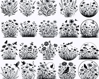 Wildflower Meadow Svg Bundle for Cricut | Floral Silhouette Png, Eps Cutting Files | Flower Clipart | Commercial Use Design